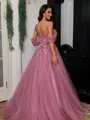 Elegant A-Line Off-the-Shoulder Appliques Lace Sweep Train Tulle Corset Prom Dress