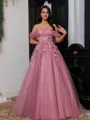 Elegant A-Line Off-the-Shoulder Appliques Lace Sweep Train Tulle Corset Prom Dress