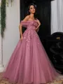 Elegant A-Line Off-the-Shoulder Appliques Lace Sweep Train Tulle Corset Prom Dress