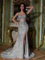 Exquisite Sheath Spaghetti Straps Rhinestone Court Train Corset Prom Dress
