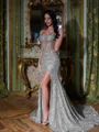 Exquisite Sheath Spaghetti Straps Rhinestone Court Train Corset Prom Dress
