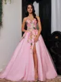 Grand A-Line Sweetheart Appliques Lace Sweep Train Tulle Corset Prom Dress