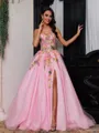 Grand A-Line Sweetheart Appliques Lace Sweep Train Tulle Corset Prom Dress