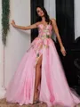 Grand A-Line Sweetheart Appliques Lace Sweep Train Tulle Corset Prom Dress