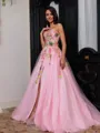 Grand A-Line Sweetheart Appliques Lace Sweep Train Tulle Corset Prom Dress