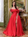 Gorgeous A-Line Off-the-Shoulder Pleated Court Train Satin Corset Prom Dress