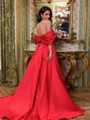Gorgeous A-Line Off-the-Shoulder Pleated Court Train Satin Corset Prom Dress