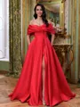 Gorgeous A-Line Off-the-Shoulder Pleated Court Train Satin Corset Prom Dress