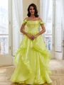 Show-stopping A-Line Off-the-Shoulder Flower Floor-Length Organza Corset Prom Dress