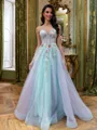 Captivating A-Line Spaghetti Straps Appliques Lace Sweep Train Tulle Corset Prom Dress
