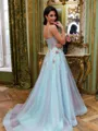 Captivating A-Line Spaghetti Straps Appliques Lace Sweep Train Tulle Corset Prom Dress