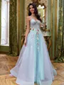 Captivating A-Line Spaghetti Straps Appliques Lace Sweep Train Tulle Corset Prom Dress