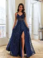 Striking A-Line V-Neck Floor-Length Lace Corset Prom Dress