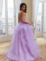 Splendiferous A-Line V-Neck Appliques Lace Sweep Train Tulle Corset Prom Dress