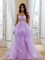 Splendiferous A-Line V-Neck Appliques Lace Sweep Train Tulle Corset Prom Dress