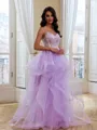 Splendiferous A-Line V-Neck Appliques Lace Sweep Train Tulle Corset Prom Dress