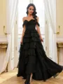 Extravagant A-Line Off-the-Shoulder Cascading Ruffles Floor-Length 30D Chiffon Corset Prom Dress