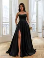 Fashion-forward A-Line Square Rhinestone Sweep Train Satin Corset Prom Dress