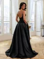 Fashion-forward A-Line Square Rhinestone Sweep Train Satin Corset Prom Dress