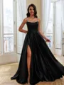 Fashion-forward A-Line Square Rhinestone Sweep Train Satin Corset Prom Dress