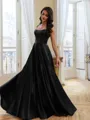 Fashion-forward A-Line Square Rhinestone Sweep Train Satin Corset Prom Dress