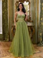 Unique A-Line Sweetheart Appliques Lace Floor-Length Tulle Corset Prom Dress
