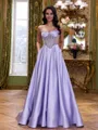 Stunning A-Line Straight Pleated Floor-Length Satin Corset Prom Dress