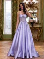 Stunning A-Line Straight Pleated Floor-Length Satin Corset Prom Dress