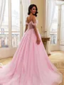Hermosos Ball-Gown Cold Shoulder Appliques Lace Sweep Train Tulle Corset Prom Dress