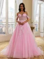 Hermosos Ball-Gown Cold Shoulder Appliques Lace Sweep Train Tulle Corset Prom Dress
