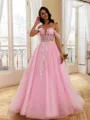 Hermosos Ball-Gown Cold Shoulder Appliques Lace Sweep Train Tulle Corset Prom Dress