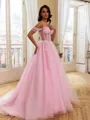 Hermosos Ball-Gown Cold Shoulder Appliques Lace Sweep Train Tulle Corset Prom Dress