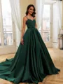Perfect Ball-Gown V-Neck Beading Court Train Satin Corset Prom Dress