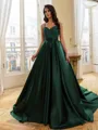 Perfect Ball-Gown V-Neck Beading Court Train Satin Corset Prom Dress