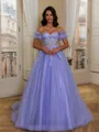 Trendy Ball-Gown Off-the-Shoulder Appliques Lace Court Train Tulle Corset Prom Dress