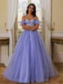 Trendy Ball-Gown Off-the-Shoulder Appliques Lace Court Train Tulle Corset Prom Dress