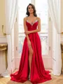 Glam A-Line V-Neck Rhinestone Sweep Train Silk Like Satin Corset Prom Dress