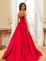 Glam A-Line V-Neck Rhinestone Sweep Train Silk Like Satin Corset Prom Dress