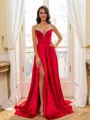 Glam A-Line V-Neck Rhinestone Sweep Train Silk Like Satin Corset Prom Dress