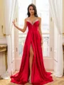 Glam A-Line V-Neck Rhinestone Sweep Train Silk Like Satin Corset Prom Dress