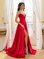 Glam A-Line V-Neck Rhinestone Sweep Train Silk Like Satin Corset Prom Dress