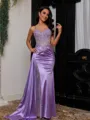 Charming Sheath Spaghetti Straps Appliques Lace Sweep Train Corset Prom Dress