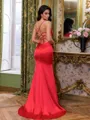 Hot Sheath Spaghetti Straps Pleated Sweep Train Silk Like Satin Corset Prom Dress
