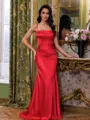 Hot Sheath Spaghetti Straps Pleated Sweep Train Silk Like Satin Corset Prom Dress