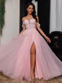 Glamorous A-Line Off-the-Shoulder Appliques Lace Floor-Length Tulle Corset Prom Dress