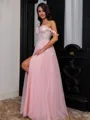 Glamorous A-Line Off-the-Shoulder Appliques Lace Floor-Length Tulle Corset Prom Dress