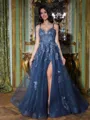 Elegant A-Line V-Neck Appliques Lace Sweep Train Tulle Corset Prom Dress