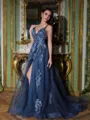 Elegant A-Line V-Neck Appliques Lace Sweep Train Tulle Corset Prom Dress
