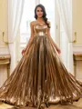 Stunning A-Line Straight Pleated Floor-Length Metallic Satin Corset Prom Dress