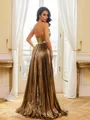 Stunning A-Line Straight Pleated Floor-Length Metallic Satin Corset Prom Dress